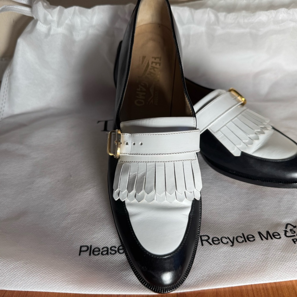 Salvatore Ferragamo Black and White Fringe Loafers